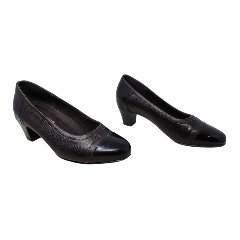 Munro American Pumps 6.5 WW Women Dark Brown Patent Cap‎ Toe Block Heel 2" USA